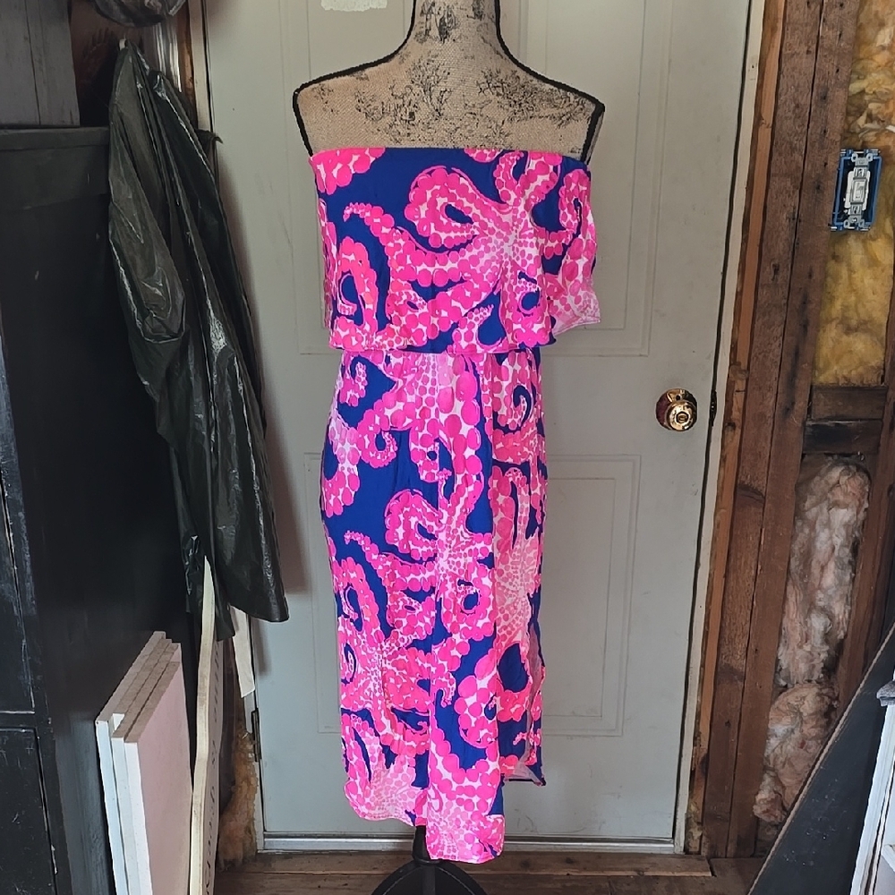 Lilly Pulitzer Pink and Blue Strapless Sheath Dress